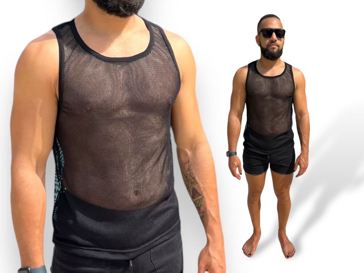 Mens Stretch Mesh See Through Sheer Black Neon Yellow Racer Back