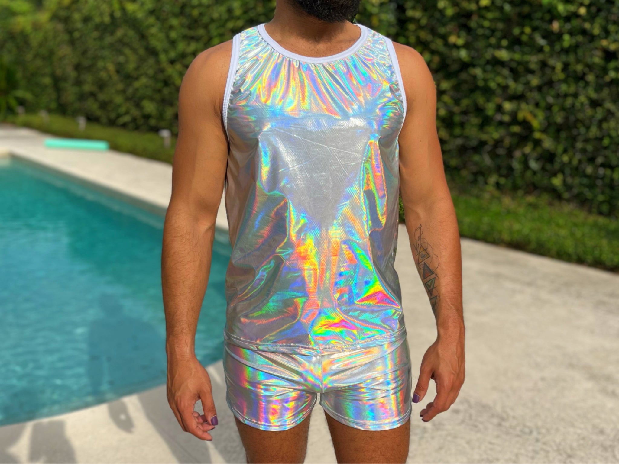 Holographic Racer Back Mens Tank Short Set Reflective Irridescent