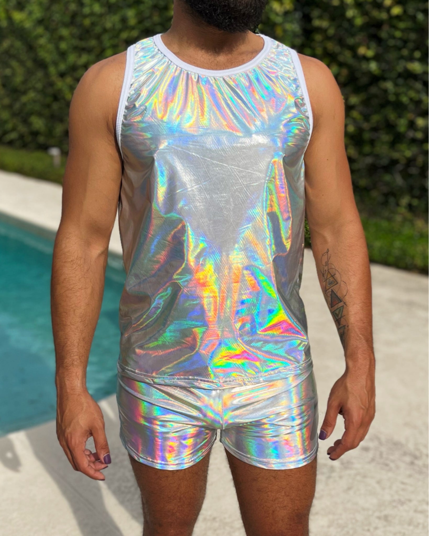 Holographic Racer Back Mens Tank Short Set Reflective Irridescent