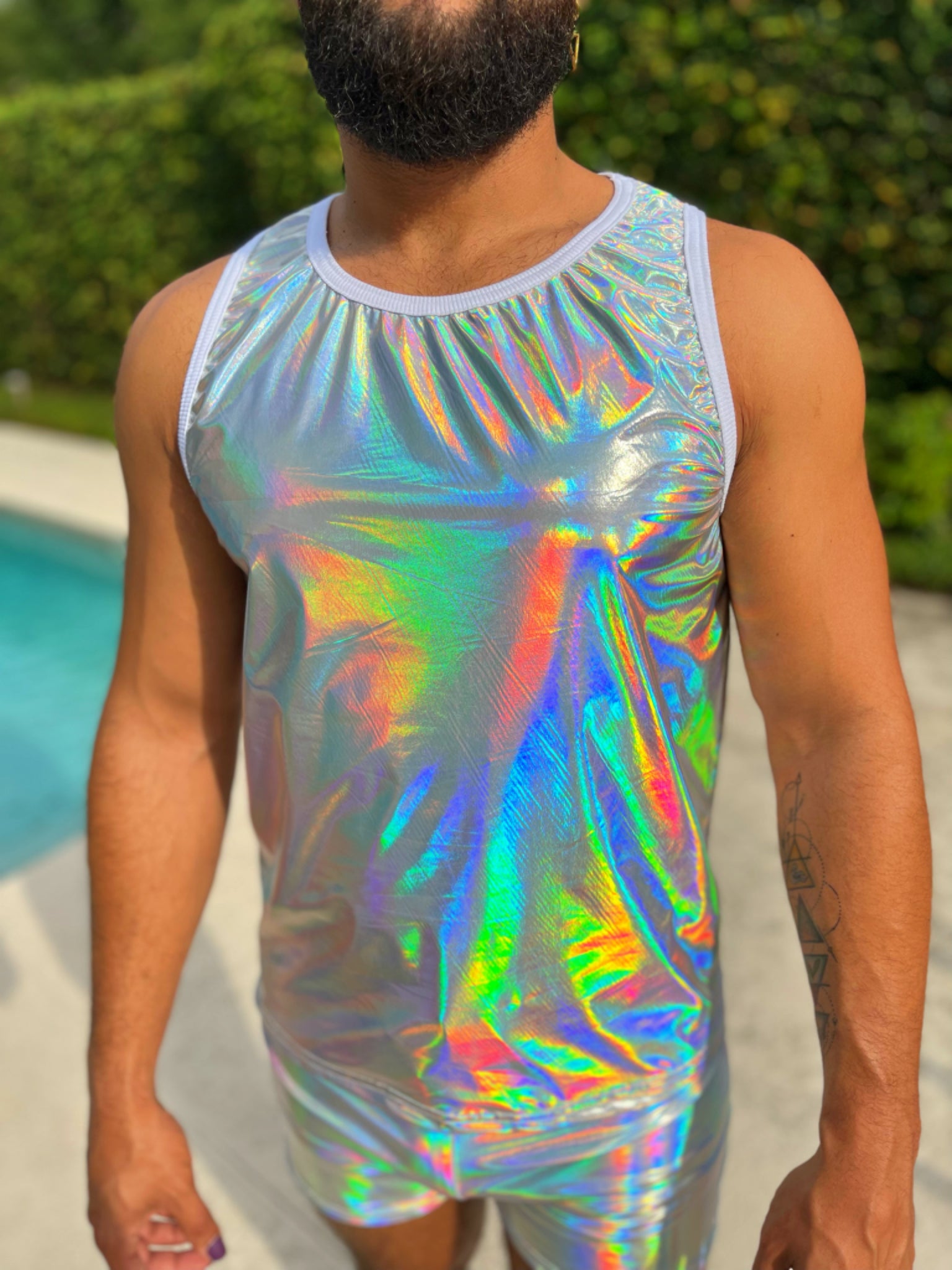 Holographic Racer Back Mens Tank Short Set Reflective Irridescent