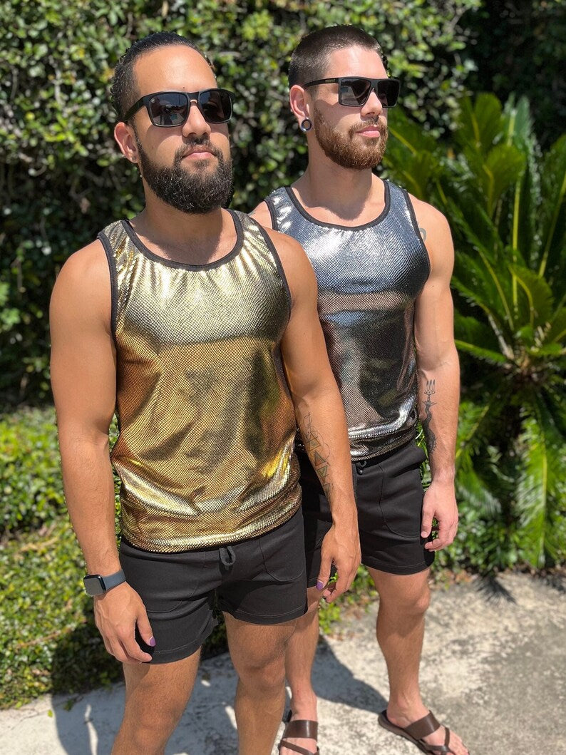 Reflective Snake Skin Print Velvet Tank Top Mens