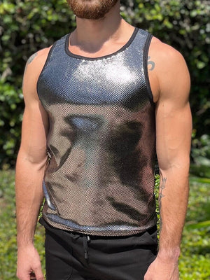 Reflective Snake Skin Print Velvet Tank Top Mens