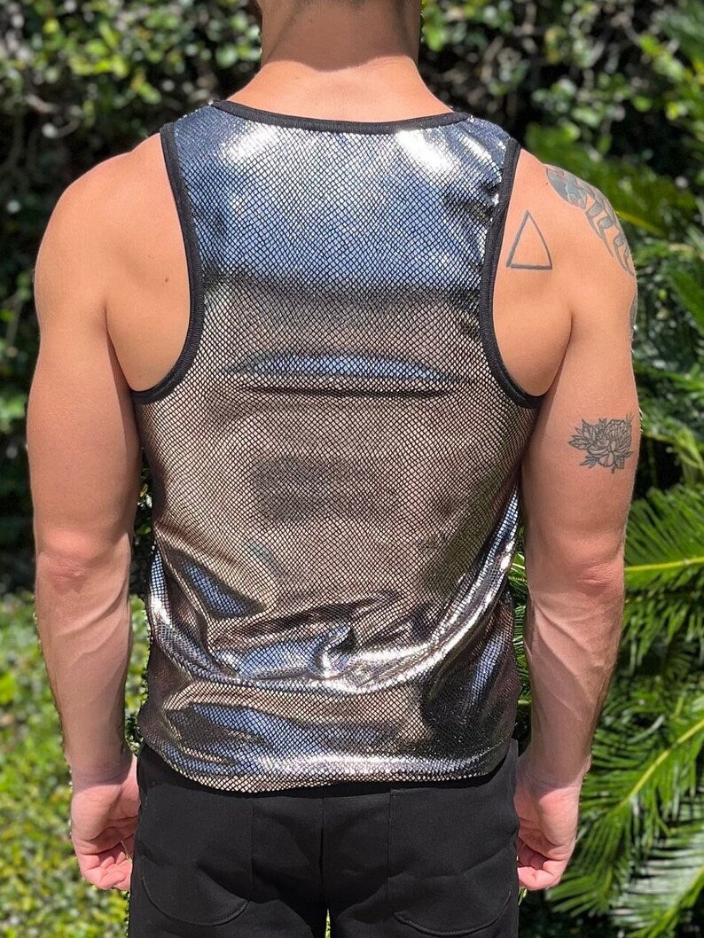 Reflective Snake Skin Print Velvet Tank Top Mens