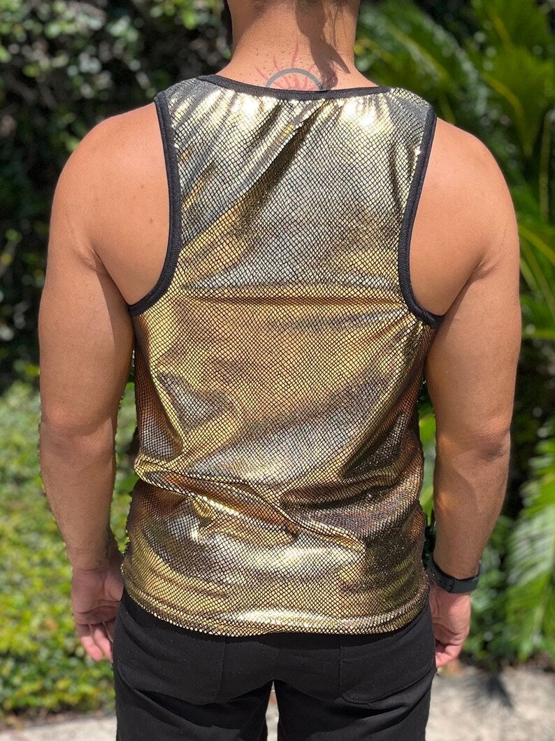 Reflective Snake Skin Print Velvet Tank Top Mens