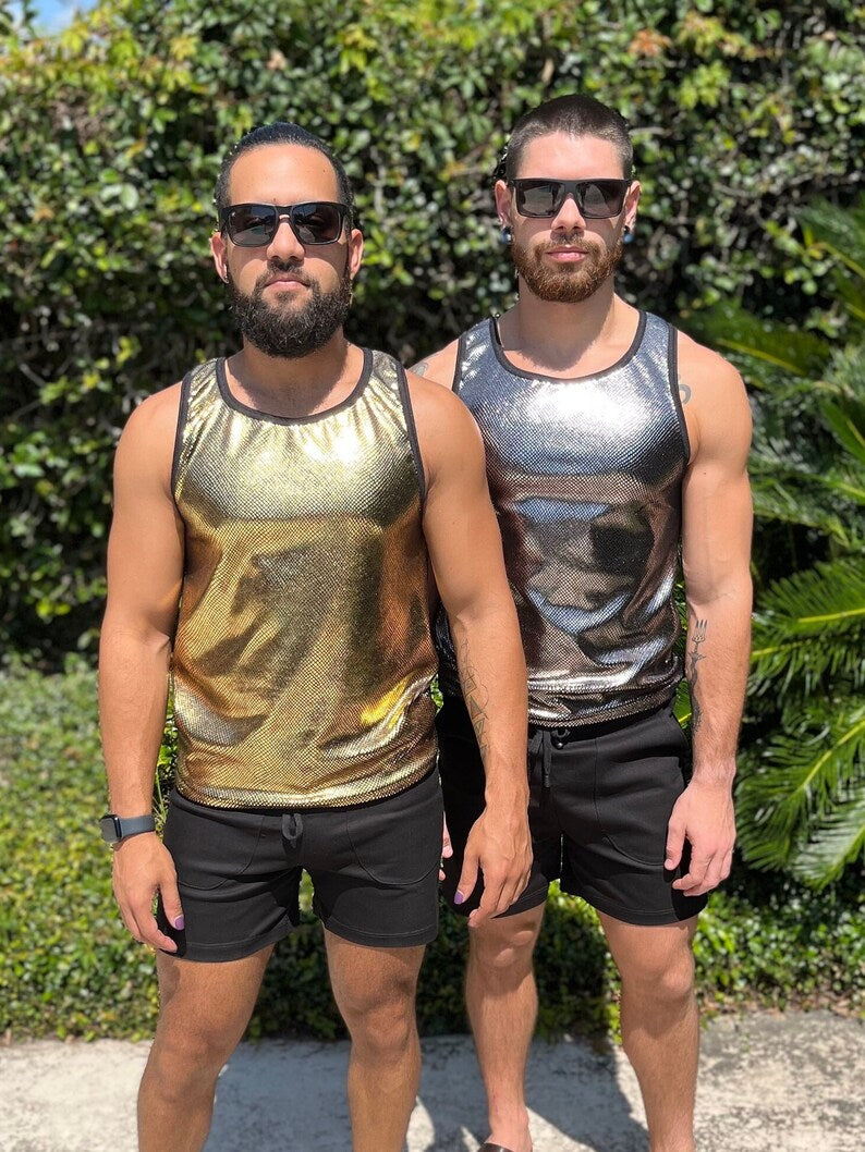 Reflective Snake Skin Print Velvet Tank Top Mens