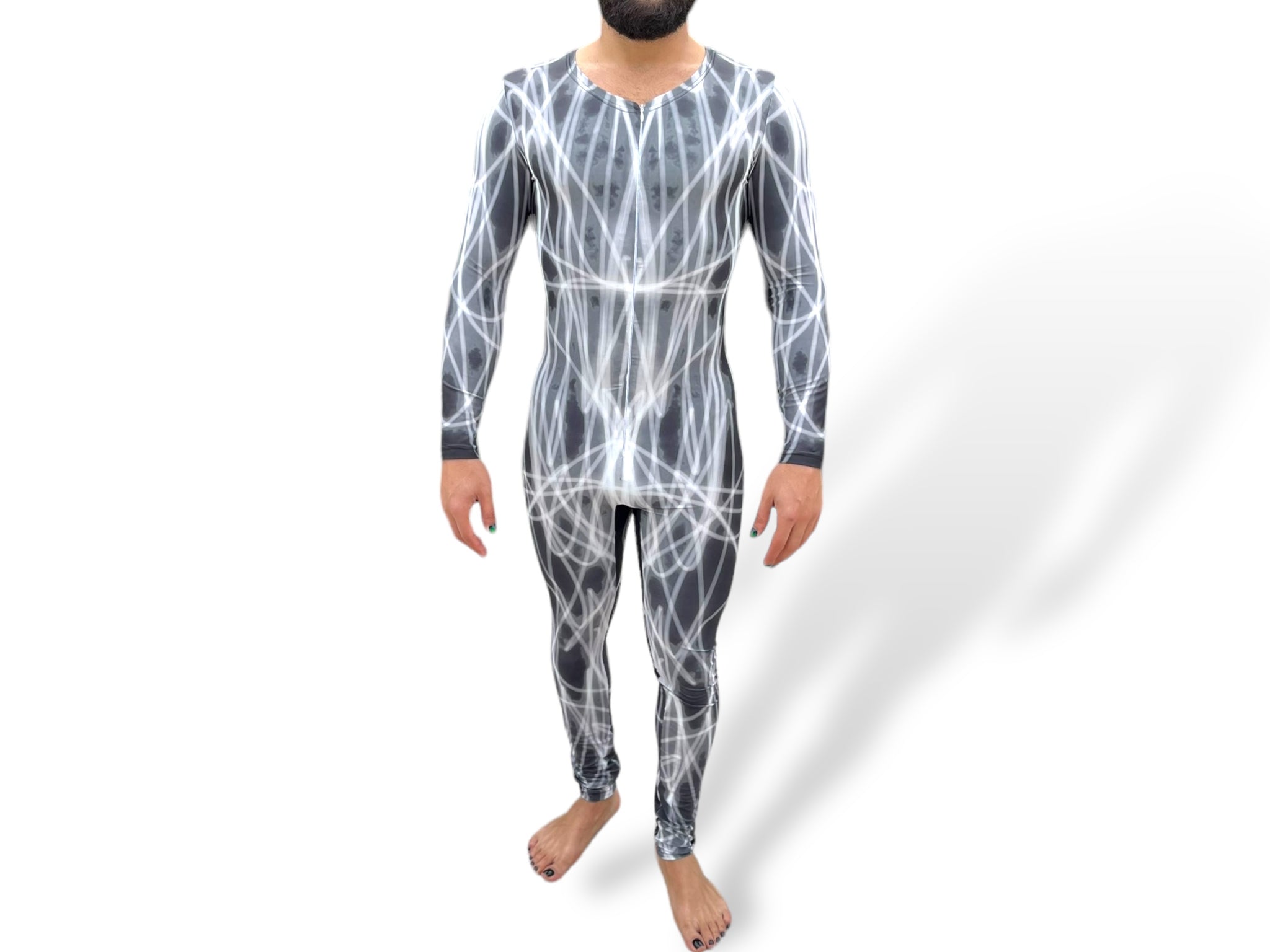 Symmetrical Print Abstract Stretch Men’s Unitard Zip Front