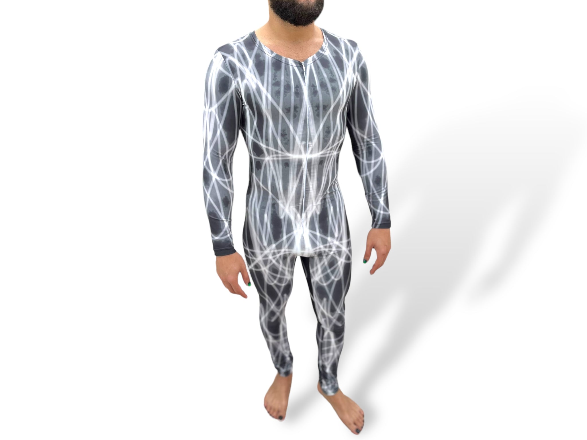 Symmetrical Print Abstract Stretch Men’s Unitard Zip Front