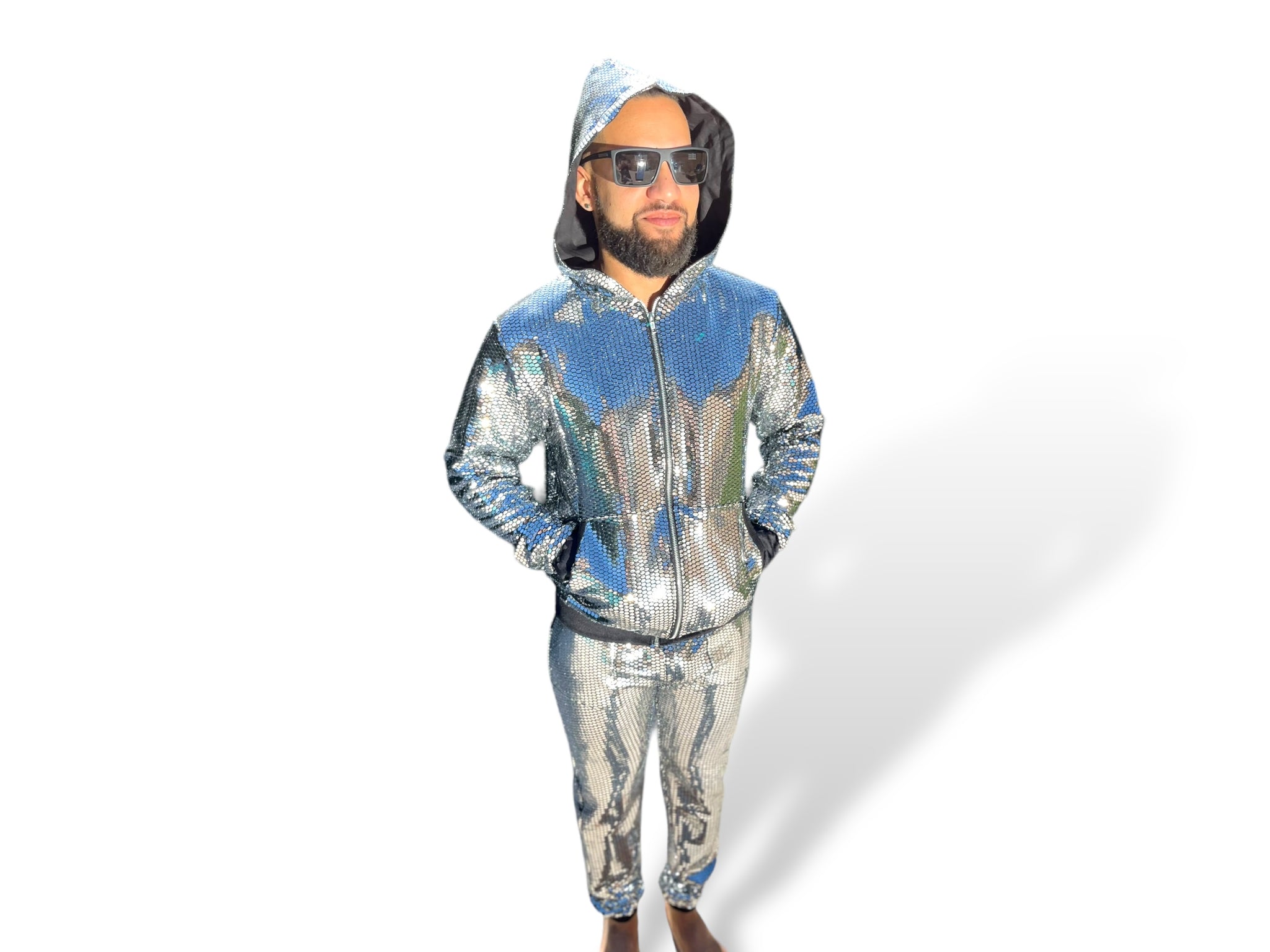 Mens Silver Reflective Hoodie Jogger Sequin Disco Ball