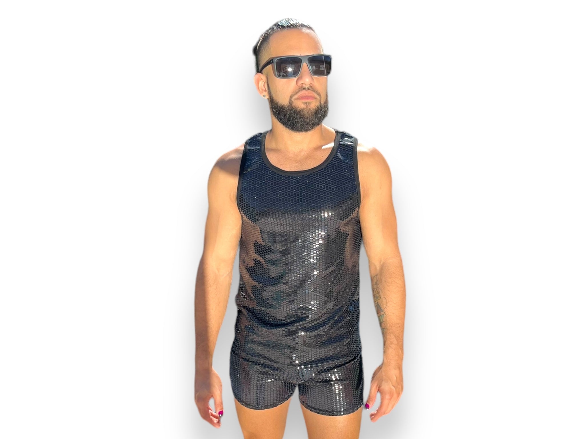 Mens Shine Sequin Stretch Tank and Shorts Set