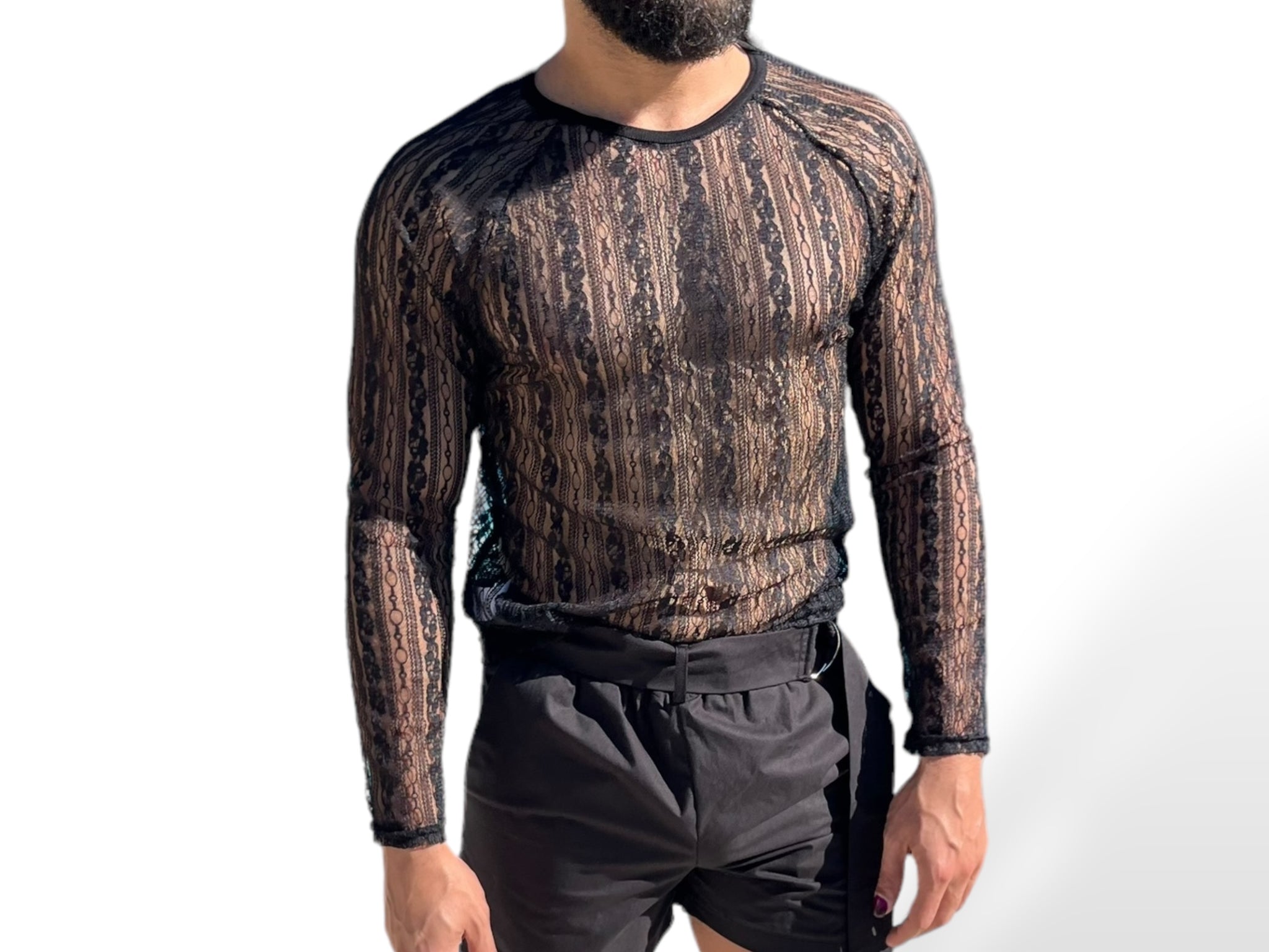 Mens Lace Stretch Raglan Sleeve Long Sleeve Tee Shirt