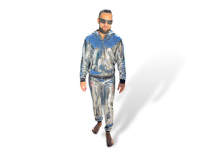 Mens Silver Reflective Hoodie Jogger Sequin Disco Ball