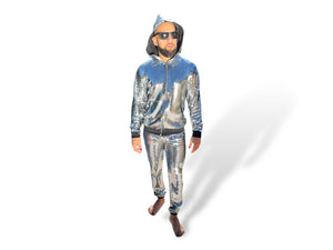 Mens Silver Reflective Hoodie Jogger Sequin Disco Ball