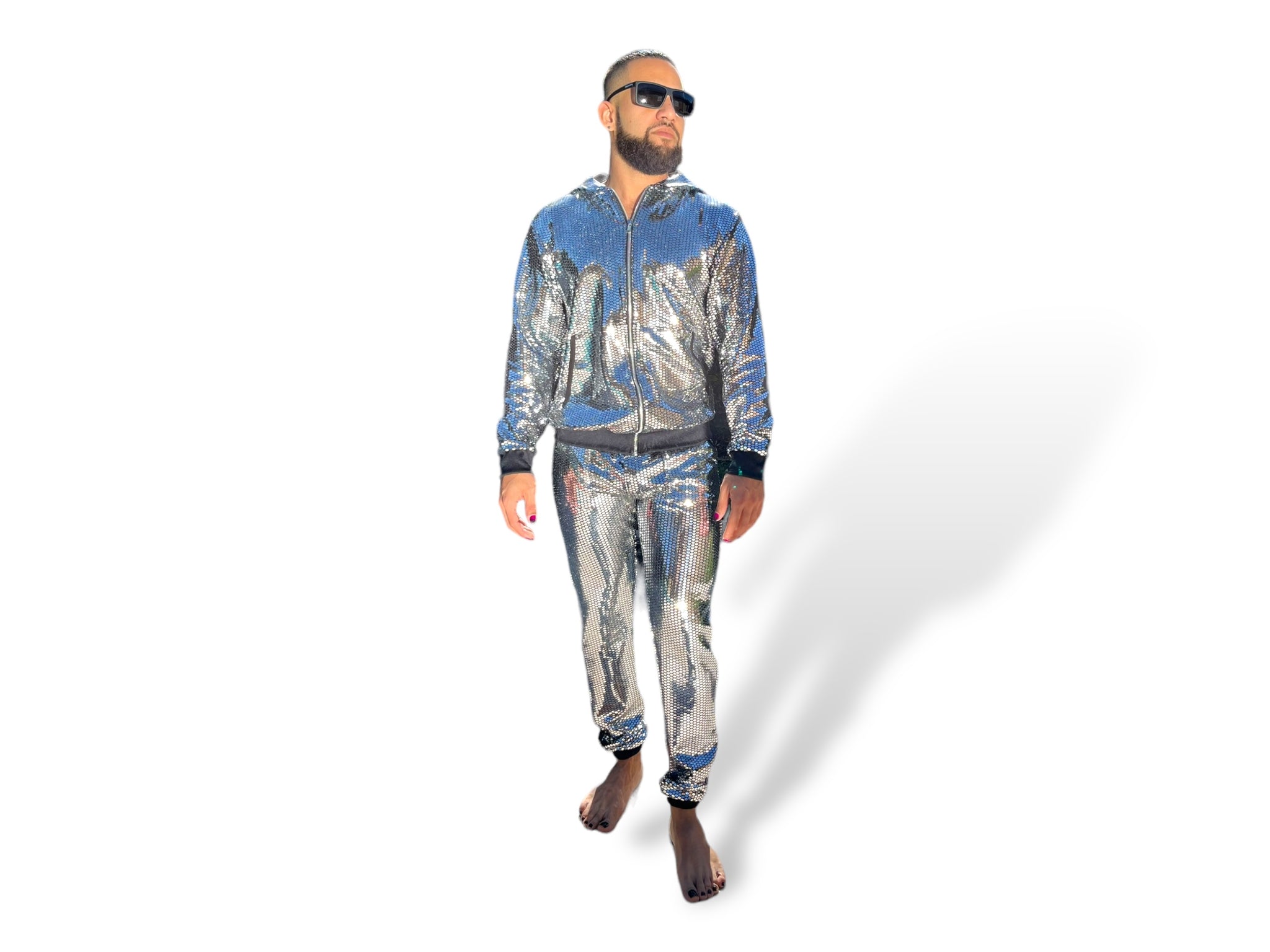 Mens Silver Reflective Hoodie Jogger Sequin Disco Ball