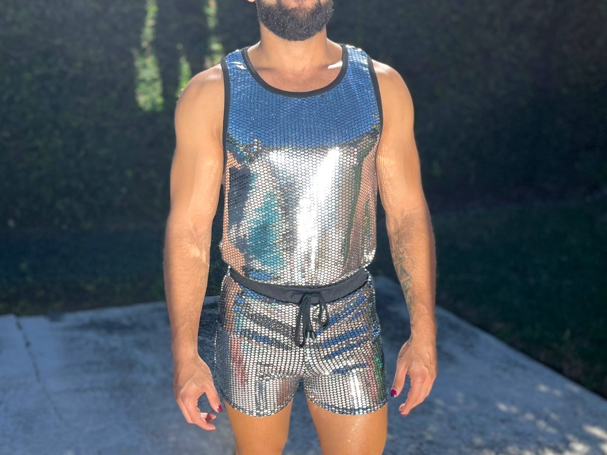 Mens Shine Sequin Stretch Tank and Shorts Set