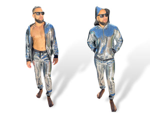 Mens Silver Reflective Hoodie Jogger Sequin Disco Ball