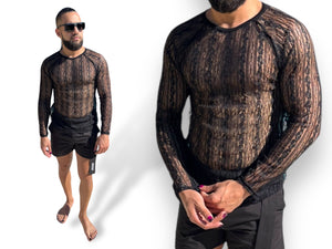 Mens Lace Stretch Raglan Sleeve Long Sleeve Tee Shirt