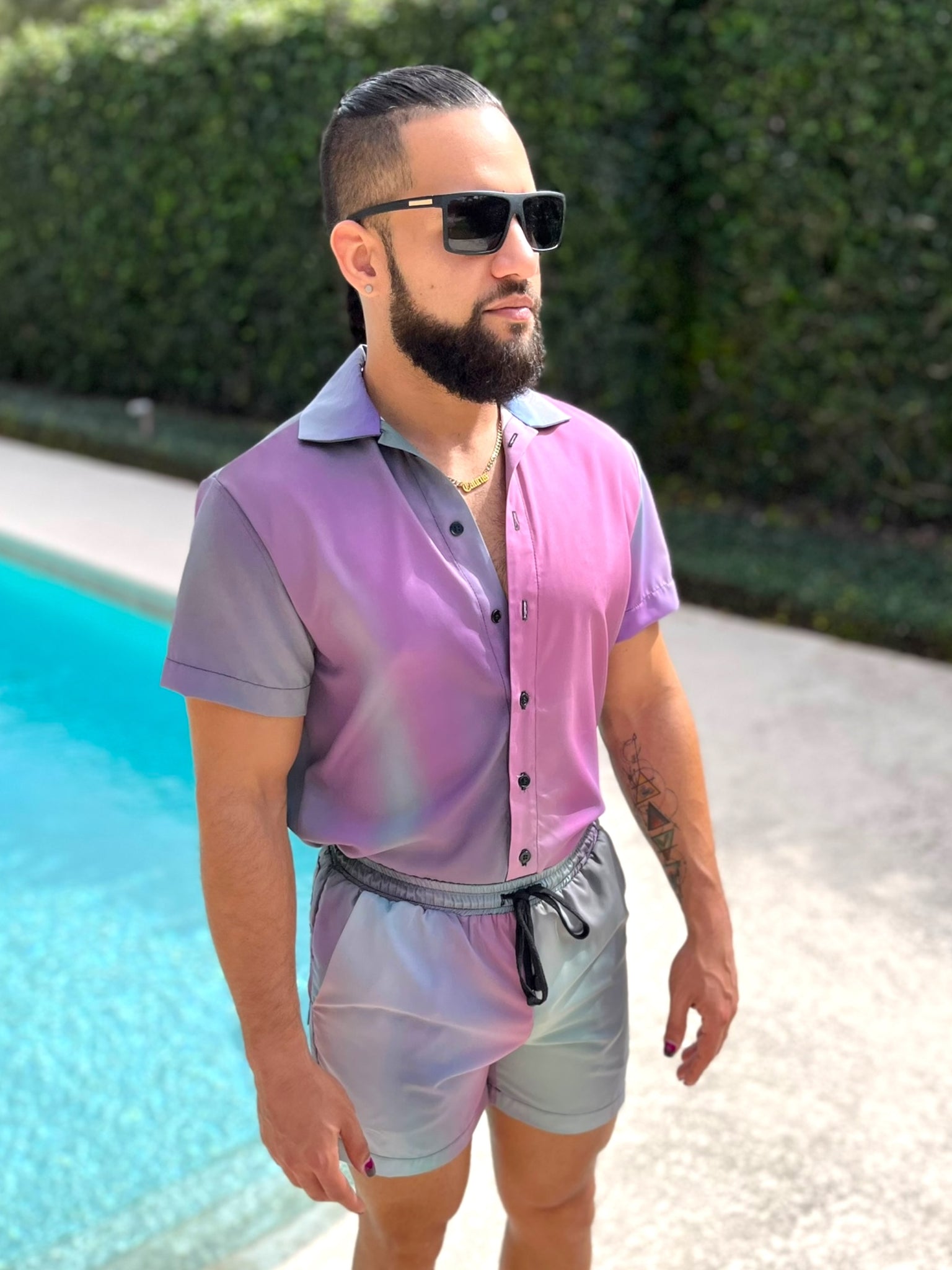 Mens Oil Slick Fitted Button Down Shorts Set Unique Pattern