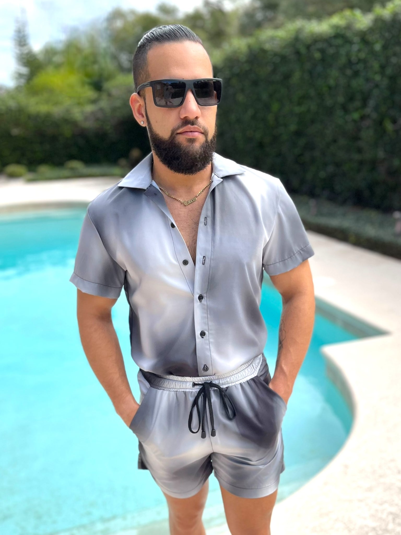 Mens Fitted Button Down Shorts Set Unique Pattern