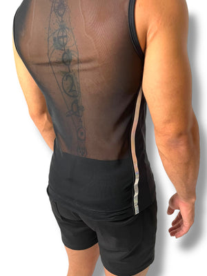 Holographic Space Stripe Mesh Stretch Zip Tank