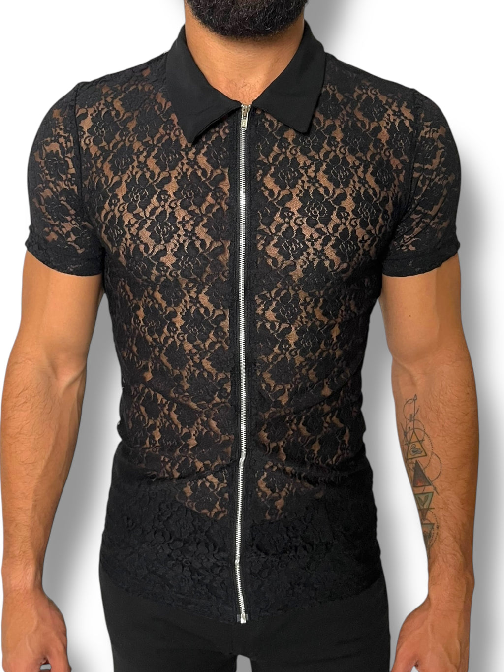 Mens Stretch Lace Zip Collared Shirt