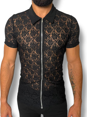 Mens Stretch Lace Zip Collared Shirt