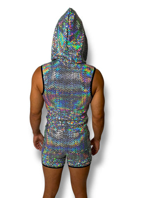 Holographic Fitted Hooded Zip Tank Set