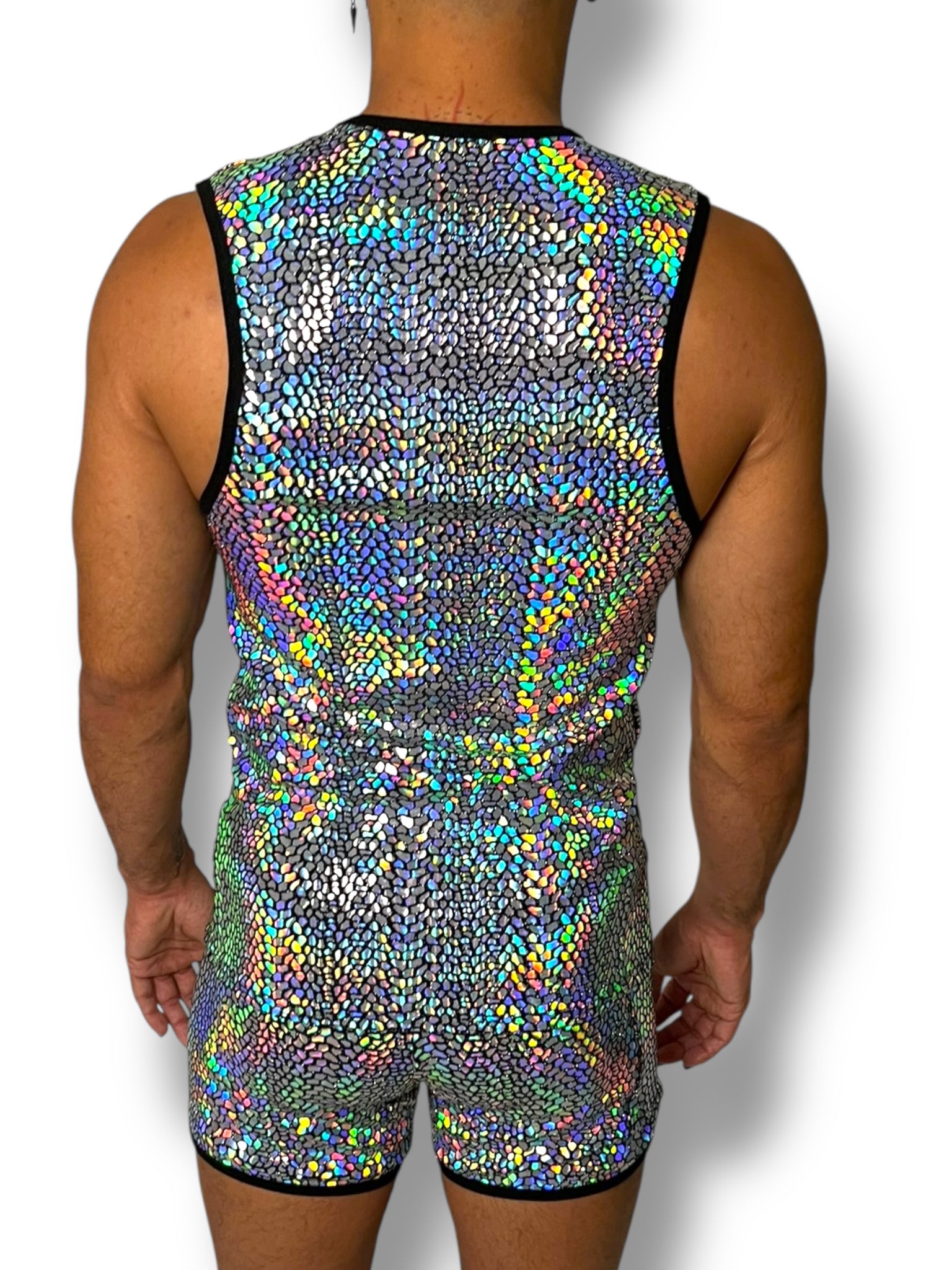 Mens Holographic Stretch Zip Fitted Tank Set