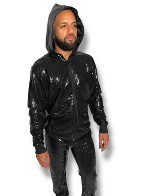 Black Sequin Stretch Hoodie Jogger Set