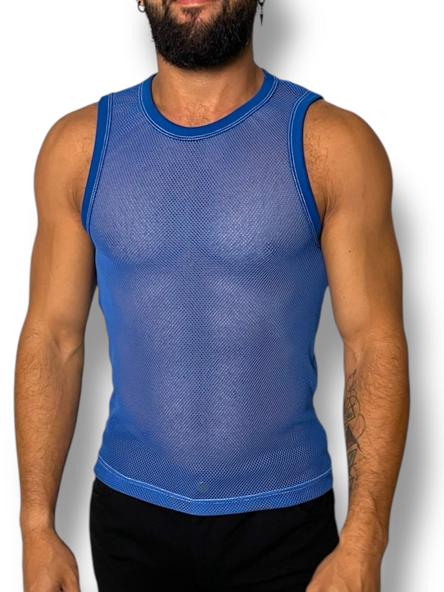 Blue Crochet Fitted Mens Tank Crop