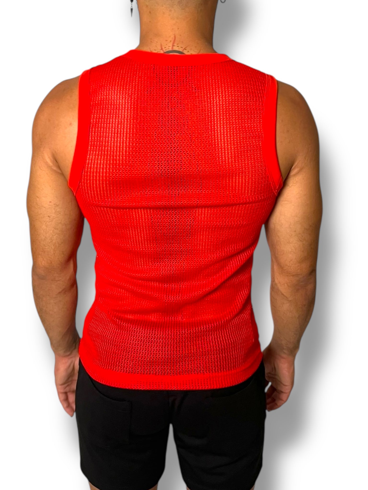 Red Crochet Fitted Mens Tank Crop