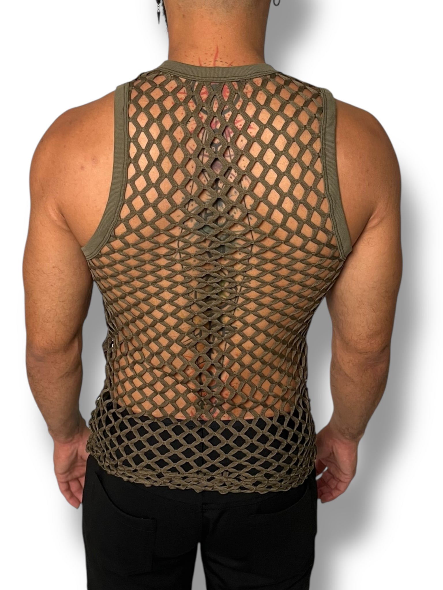 Green Fitted Fishnet Mens Tank