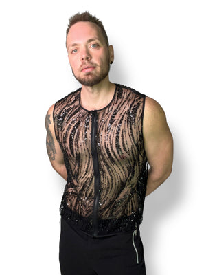 Beaded Unisex Zip Sleeveless Shirt Sheer