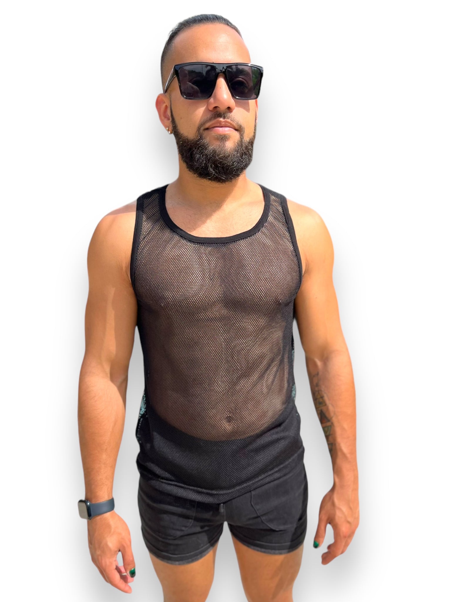 Mens Stretch Mesh See Through Sheer Black Neon Yellow Racer Back Tank