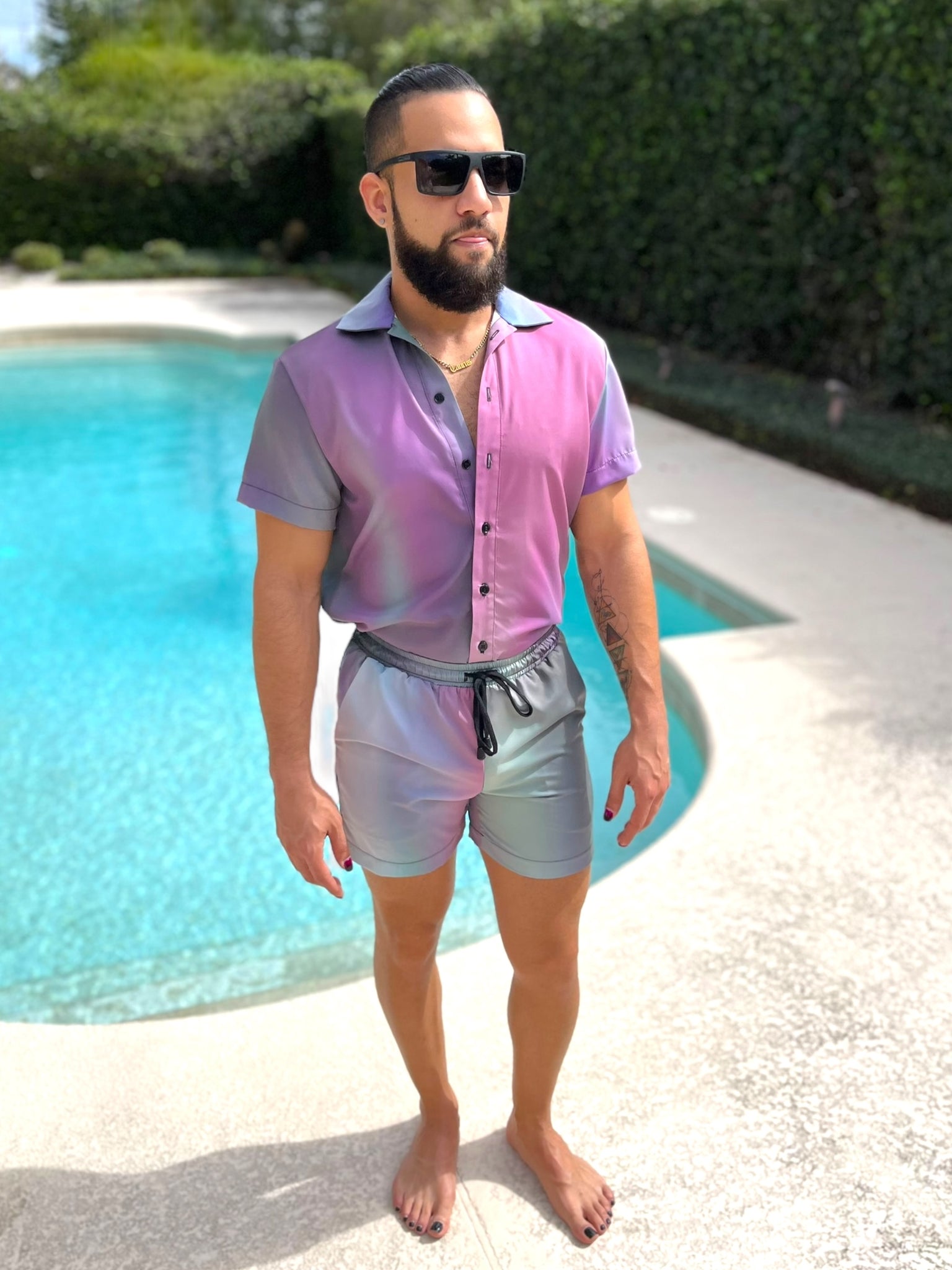 Mens Oil Slick Fitted Button Down Shorts Set Unique Pattern