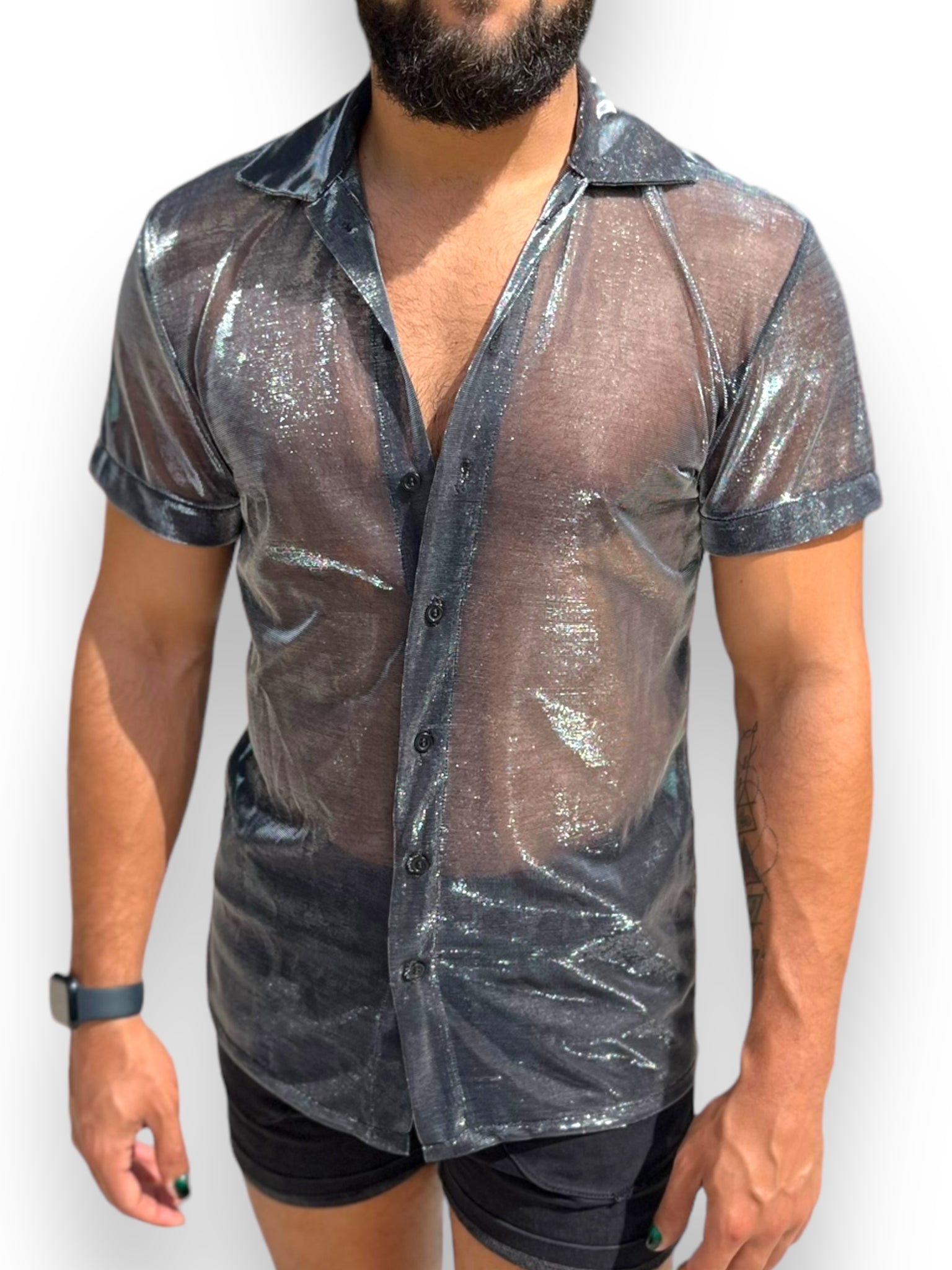 Sheer Metallic  Button Down Collar Shirt