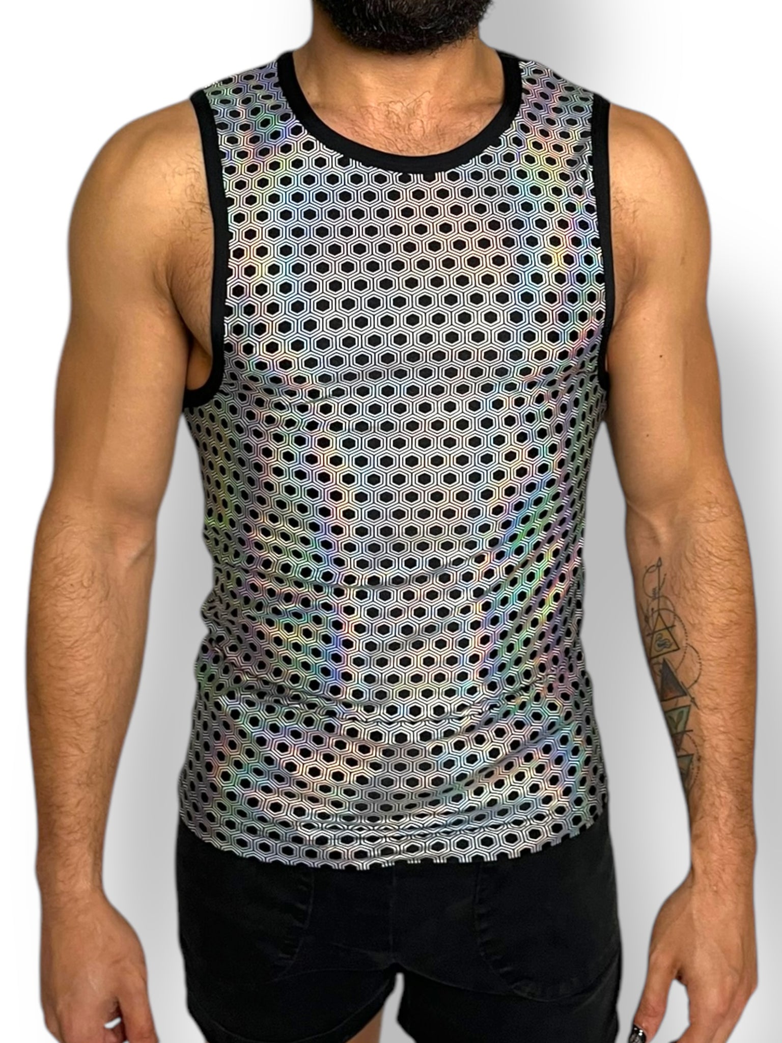 Holographic Psychedelic Print Fitted Tank and Zipper Short