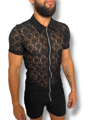 Mens Stretch Lace Zip Collared Shirt
