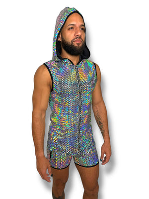 Holographic Fitted Hooded Zip Tank Set