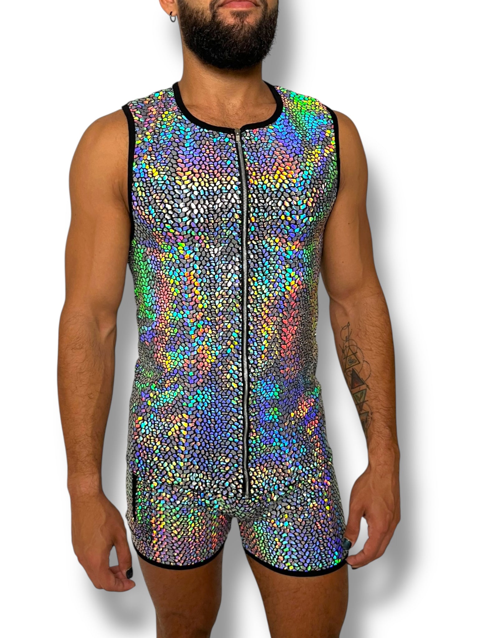 Mens Holographic Stretch Zip Fitted Tank Set