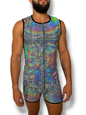 Mens Holographic Stretch Zip Fitted Tank Set