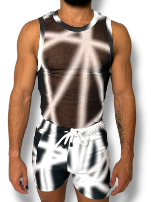 Black White Stretch Mesh Tank Short Set