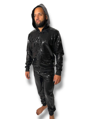 Black Sequin Stretch Hoodie Jogger Set