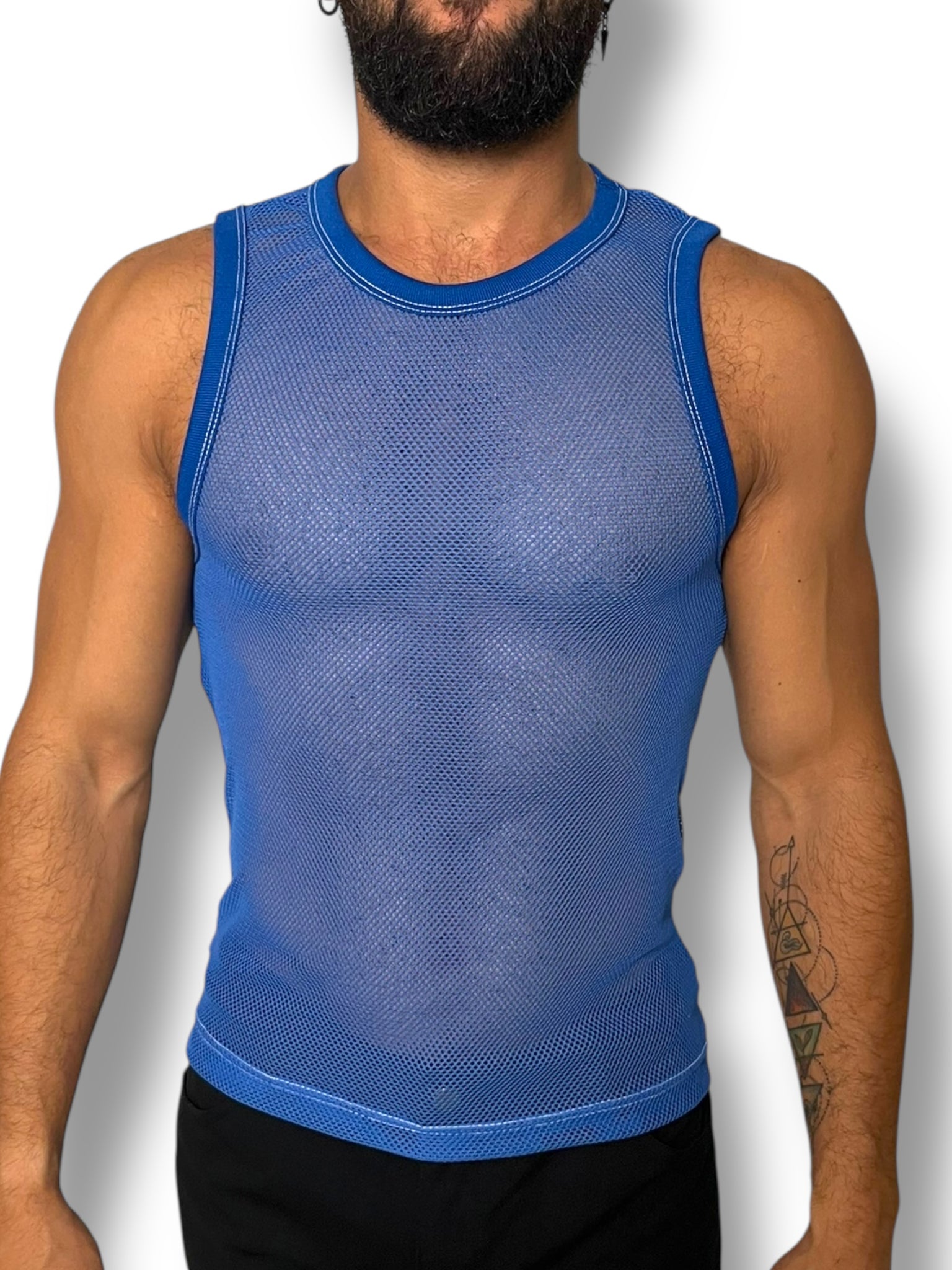 Blue Crochet Fitted Mens Tank Crop