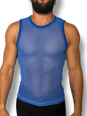 Blue Crochet Fitted Mens Tank Crop