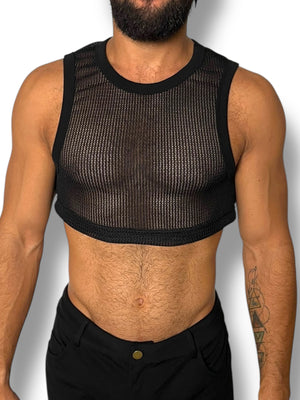 Black Crochet Fitted Mens Tank Crop