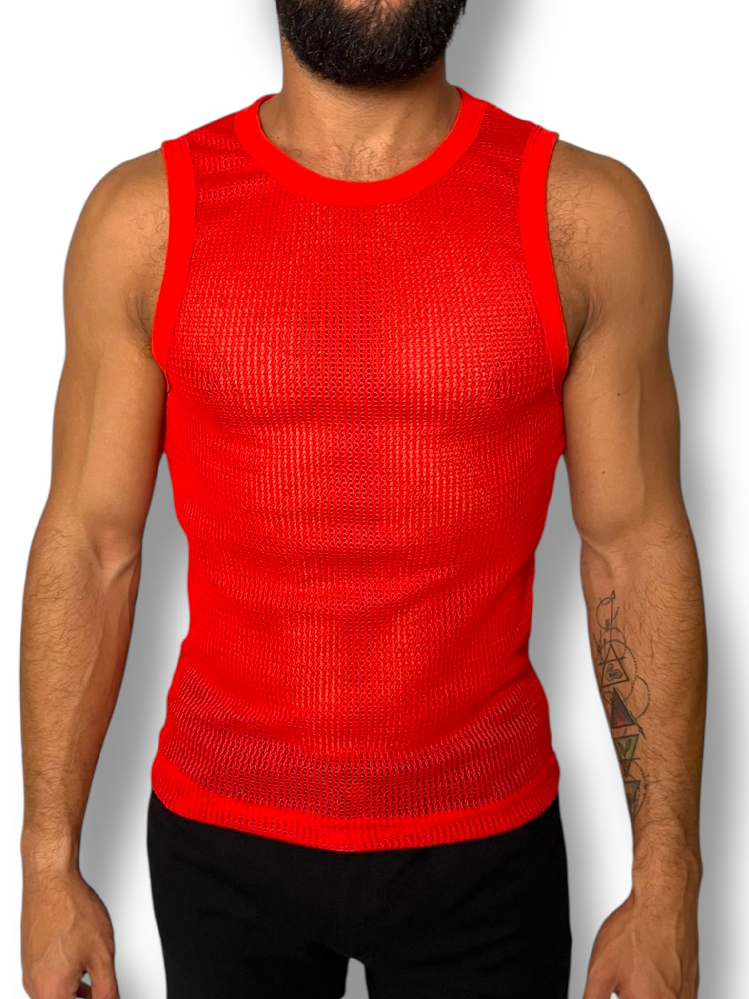 Red Crochet Fitted Mens Tank Crop