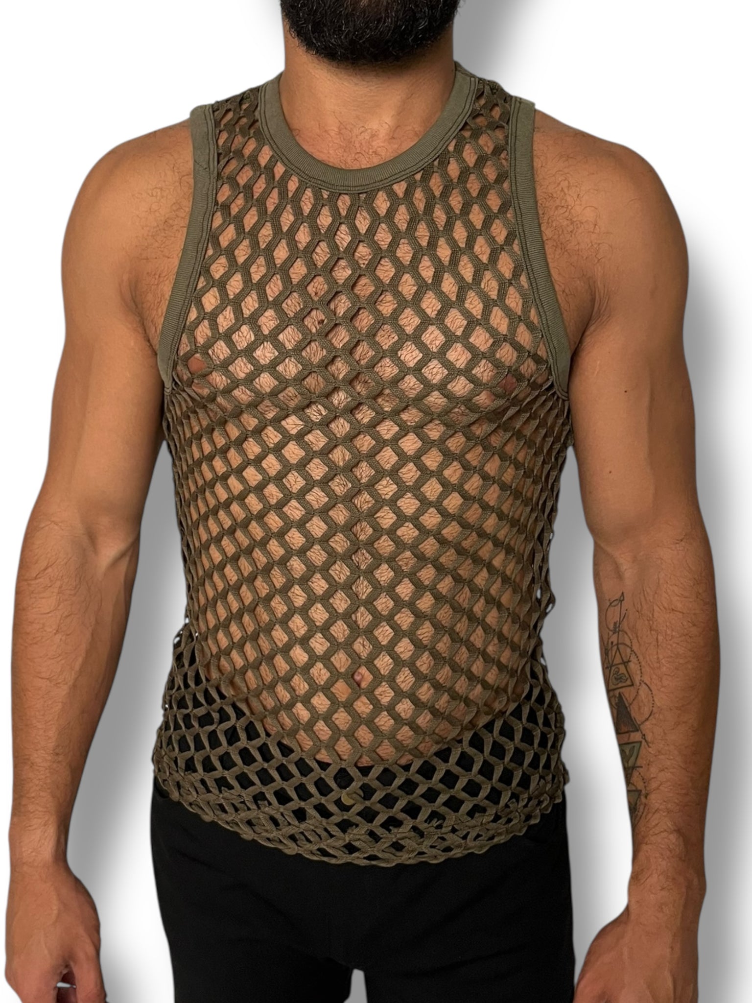 Green Fitted Fishnet Mens Tank