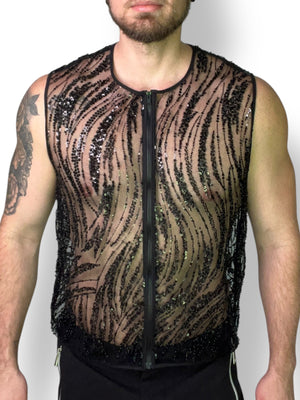Beaded Unisex Zip Sleeveless Shirt Sheer