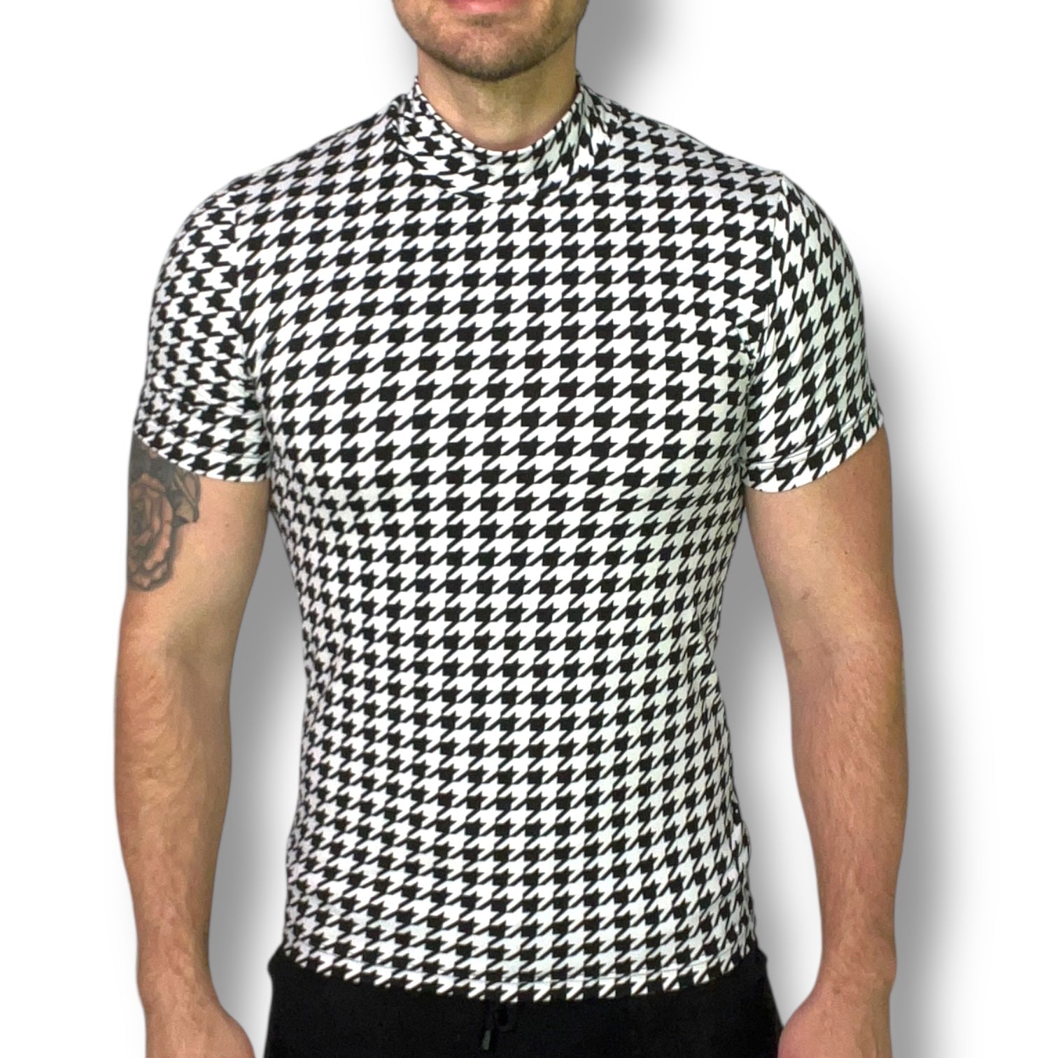 Houndstooth Fitted Mock Neck Tee