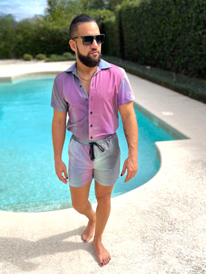 Mens Oil Slick Fitted Button Down Shorts Set Unique Pattern